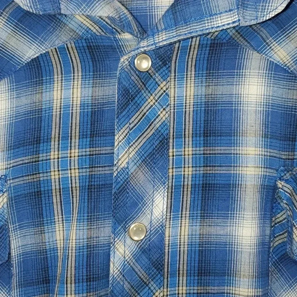 Wrangler Wrancher Pearl Snap Large Blue Plaid Shirt Western Cowboy Cotton Blend - Picture 5 of 11